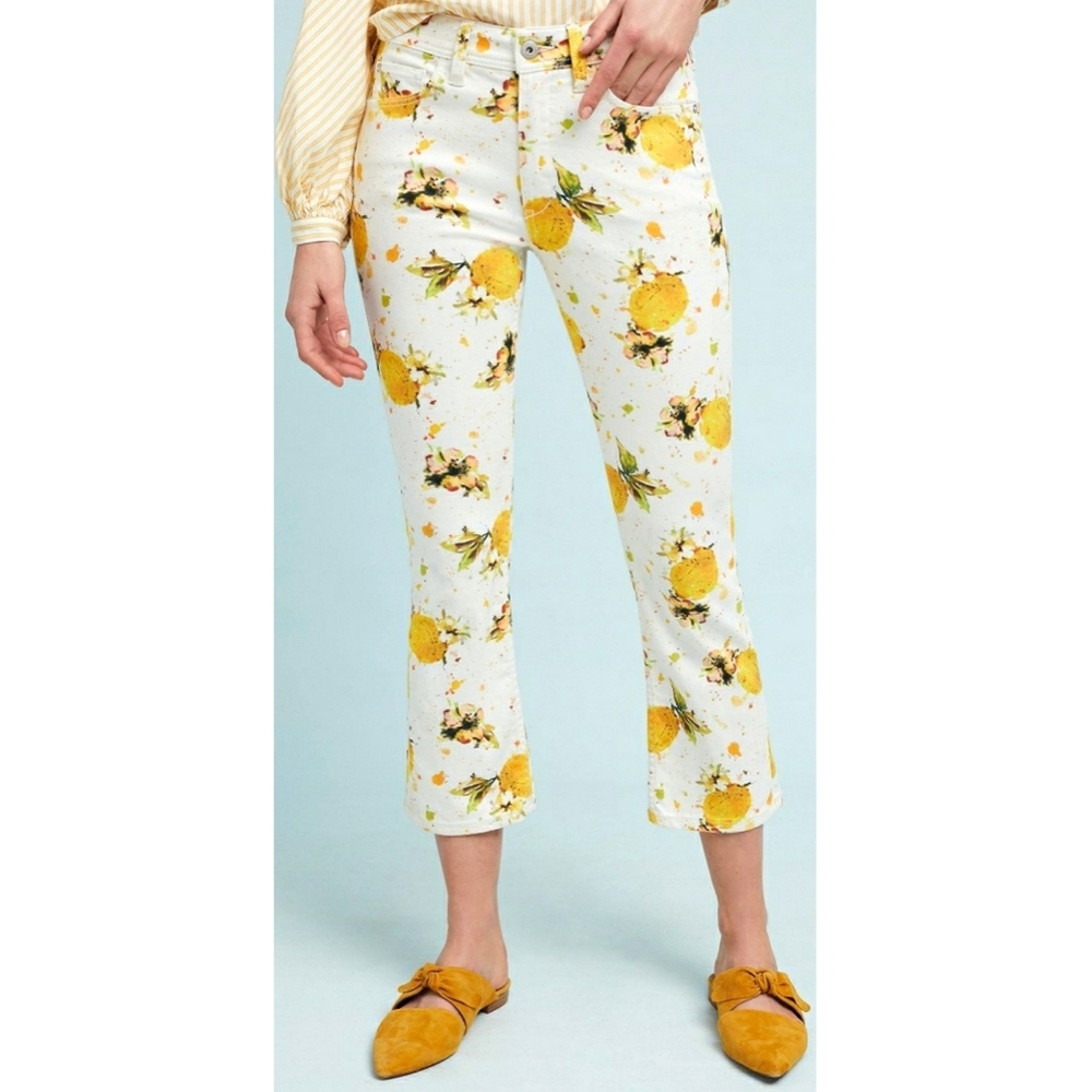 Anthropologie White Cropped Jeans with Yellow Lemon Print